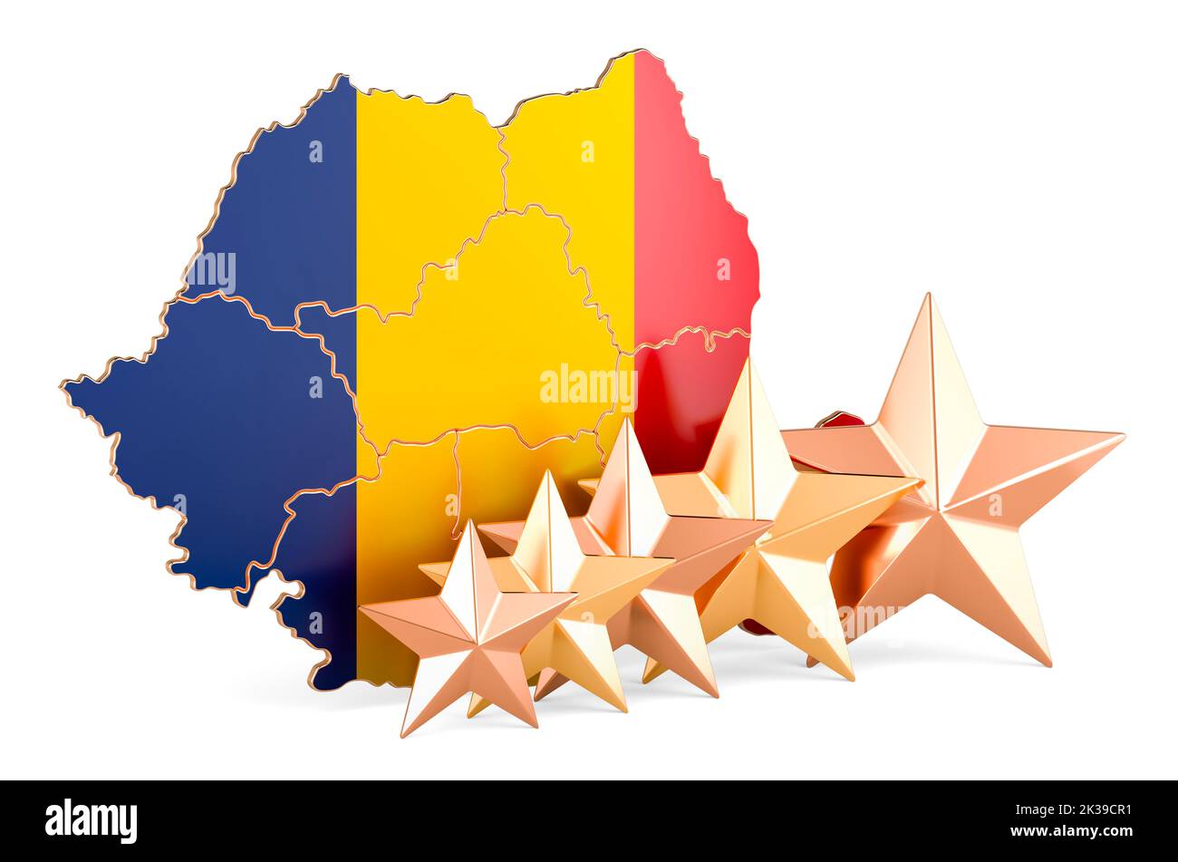 Romanian map with five stars. Rating, quality, service in Romania. 3D rendering isolated on white background Stock Photo