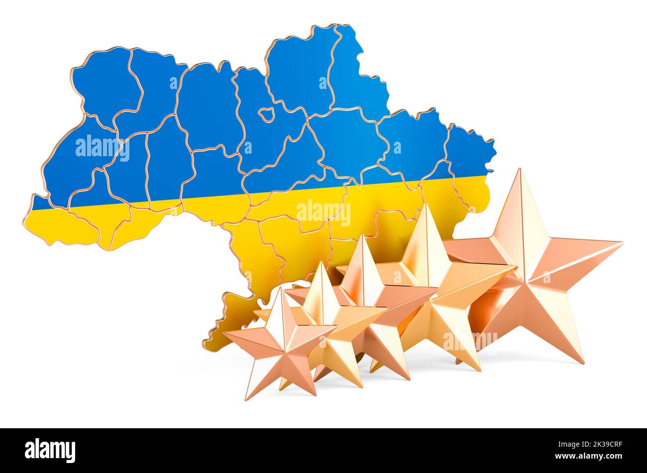 Ukrainian map with five stars. Rating, quality, service in Ukraine. 3D rendering isolated on white background Stock Photo