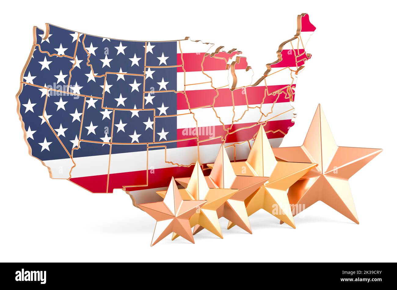 The United States map with five stars. Rating, quality, service in the USA. 3D rendering isolated on white background Stock Photo