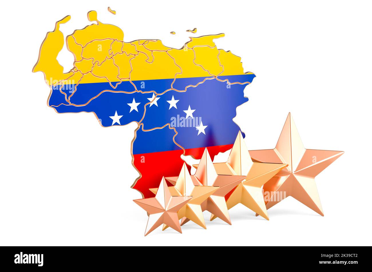 Venezuelan map with five stars. Rating, quality, service in Venezuela. 3D rendering isolated on white background Stock Photo