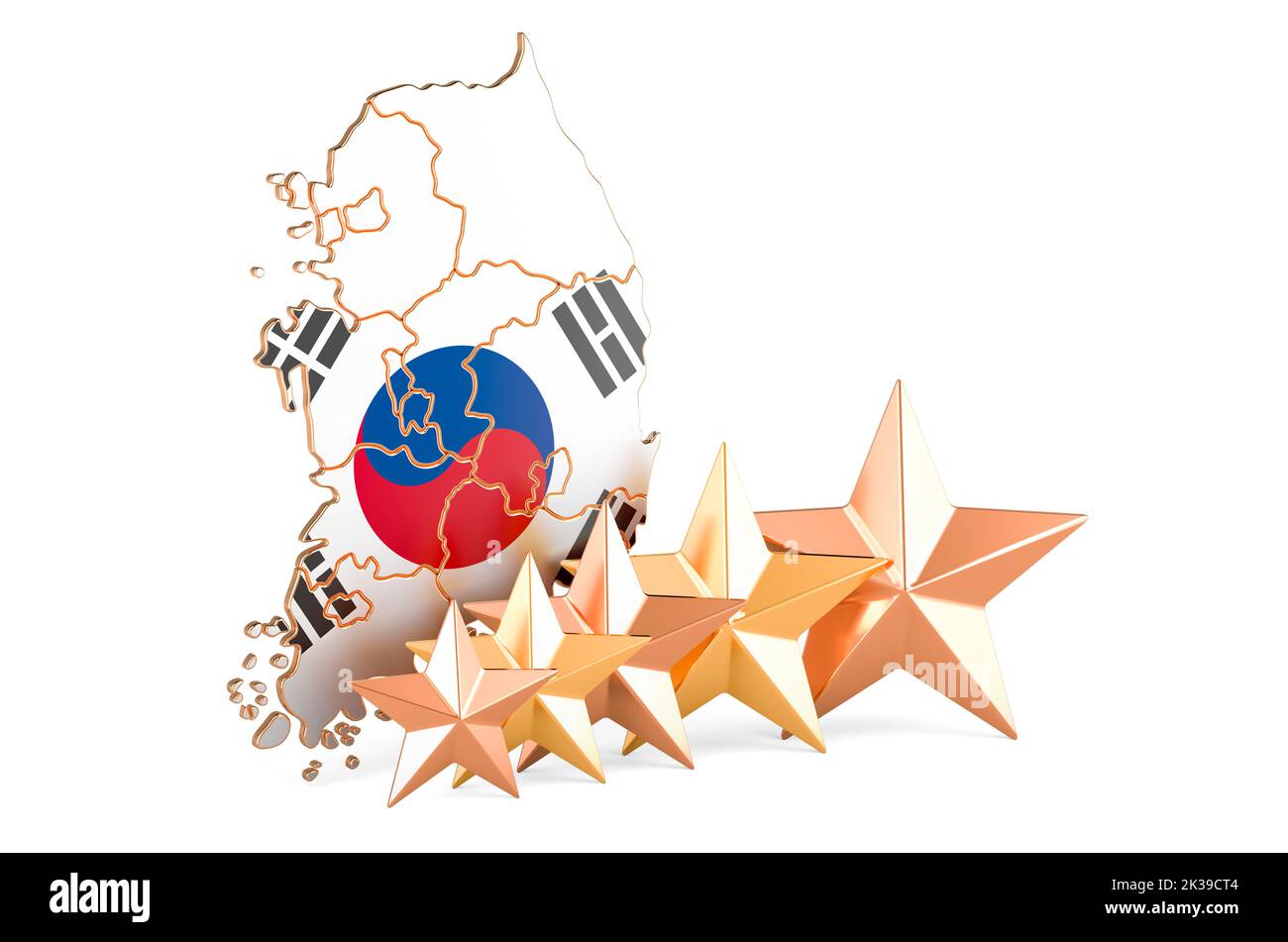 South Korean map with five stars. Rating, quality, service in South Korea. 3D rendering isolated on white background Stock Photo