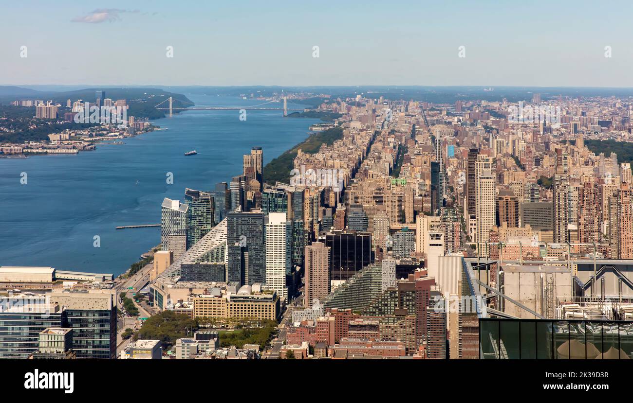 Manhattan NYC looking north from Hudson Yards with Hudson River and George Washington Bridge Stock Photo