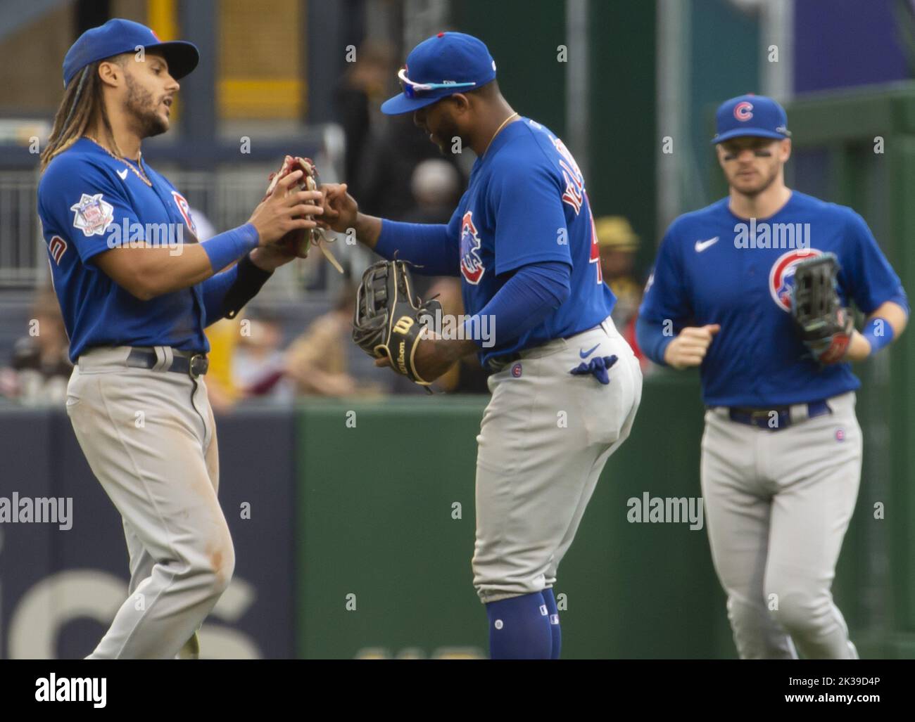 Pittsburgh, United States. 25th Sep, 2022. Chicago Cubs outfielders celebrates the 8-5 win against the Pittsburgh Pirates at PNC Park on Sunday September 25, 2022 in Pittsburgh. Photo by Archie Carpenter/UPI Credit: UPI/Alamy Live News Stock Photo