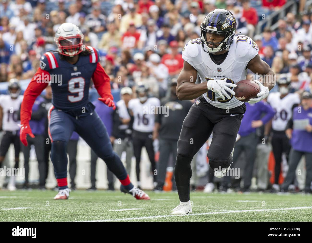 Foxborough, United States. 25th Sep, 2022. Baltimore Ravens Devin Duvernay runs the ball during a game against the New England Patriots at Gillette Stadium in Foxborough, Massachusetts on Sunday, September 25, 2022. Photo by Amanda Sabga/UPI Credit: UPI/Alamy Live News Stock Photo