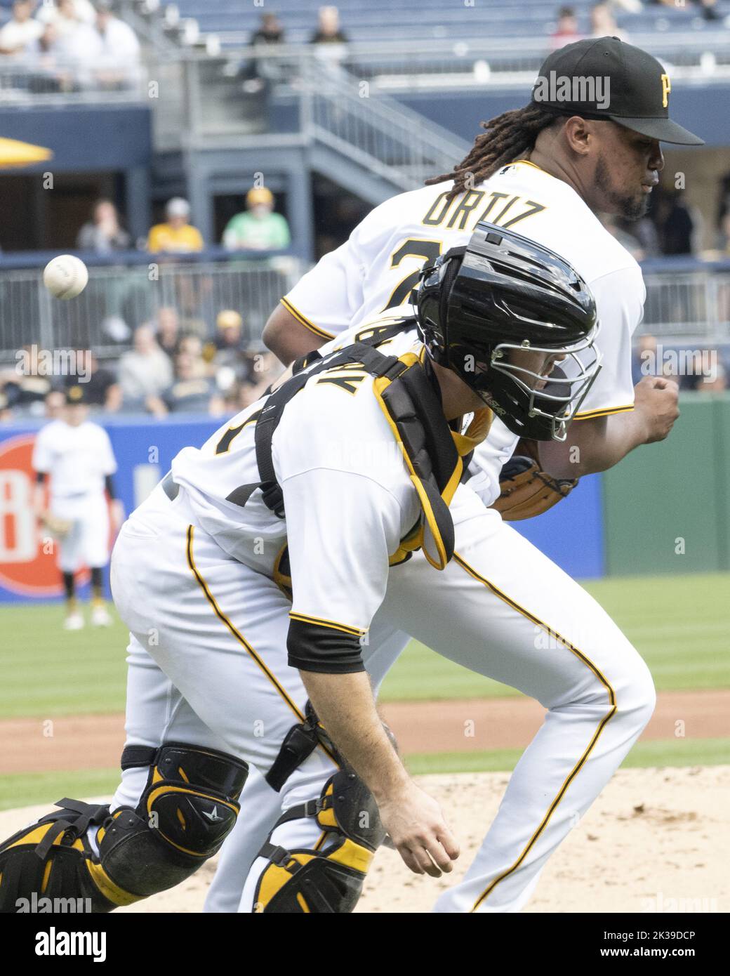 Pittsburgh, United States. 25th Sep, 2022. Pittsburgh Pirates catcher Jason Delay (61) receives an error after colliding with Pittsburgh Pirates starting pitcher Luis Ortiz (75) in the third inning against the Chicago Cubs at PNC Park on Sunday September 25, 2022 in Pittsburgh. Photo by Archie Carpenter/UPI Credit: UPI/Alamy Live News Stock Photo