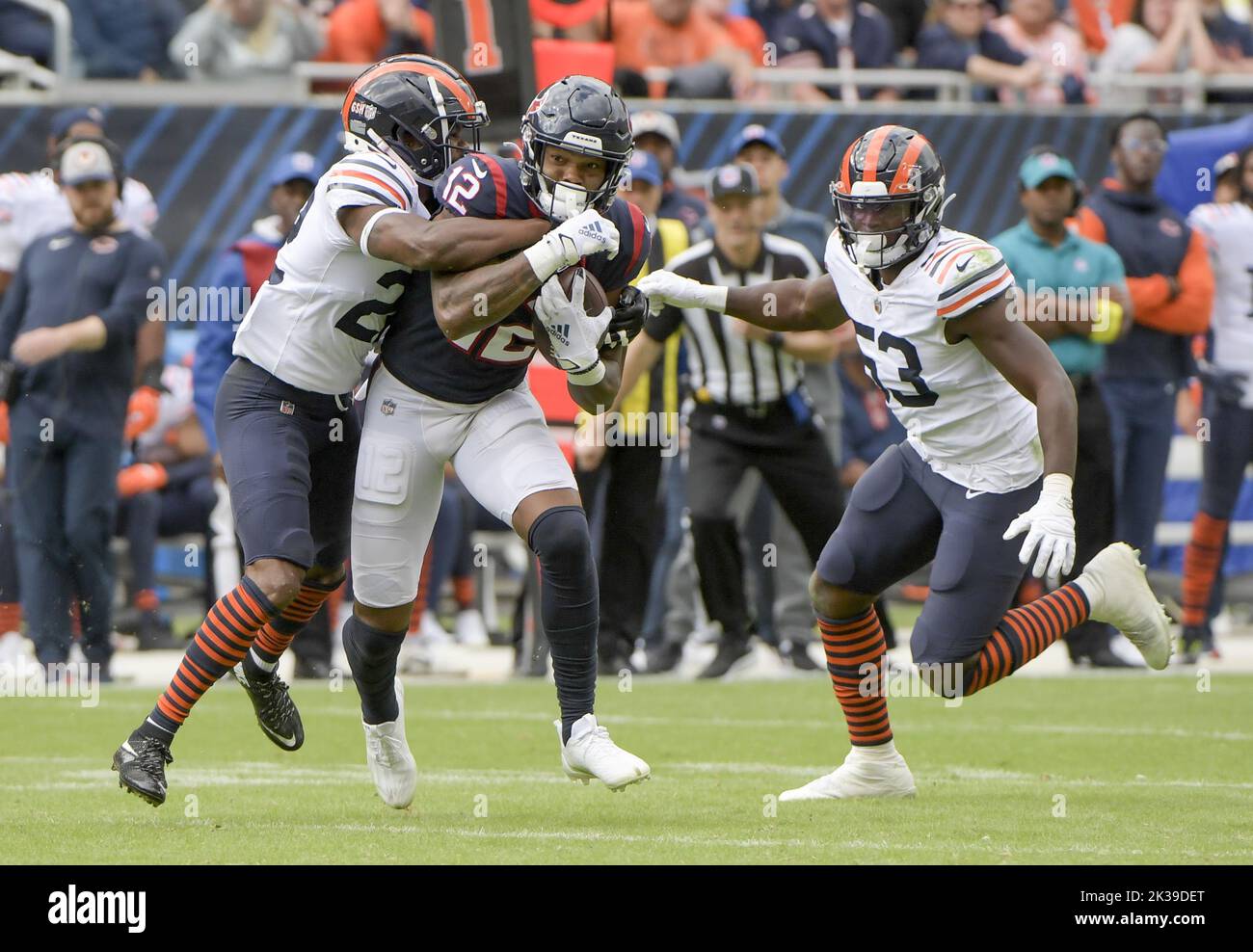 Chicago, United States. 25th Sep, 2022. Houston Texans wide receiver Nico Collins (12) gains some yards against the Chicago Bears at Soldier Field in Chicago on Sunday, September 25, 2022. The Bears won 23-20. Photo by Mark Black/UPI Credit: UPI/Alamy Live News Stock Photo