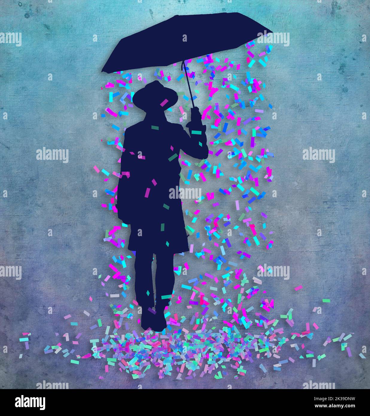 A man with an umbrella has a private celebration and is well pleased with himself as confetti falls under his umbrella in this 3-d illustration Stock Photo
