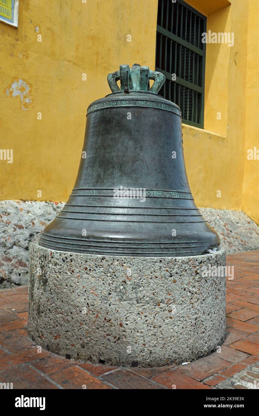 Bell outside the Iglesia de la Santisima Trinidad at Getsemani in Cartagena Stock Photo