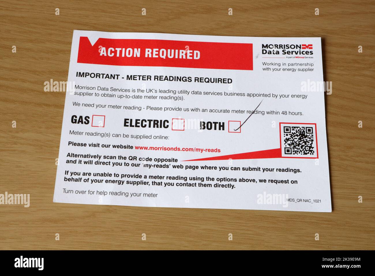 Gas and Electricity meter readings action required. Utility companies. Morrison data service Stock Photo