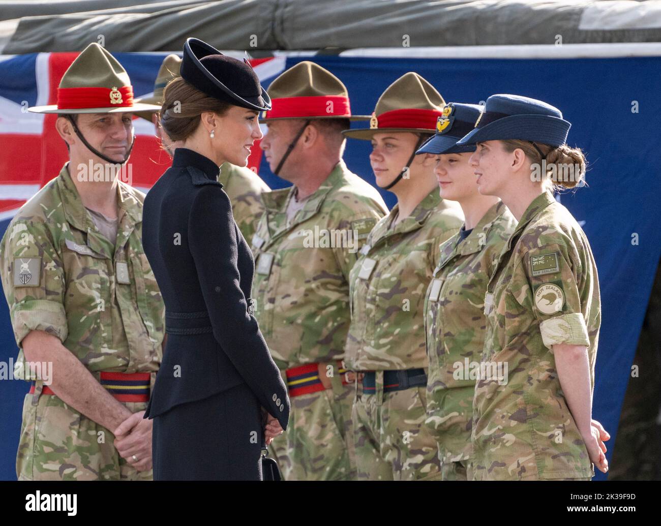 Guildford, England. UK. 16 September, 2022.  Catherine, Princess of Wales visits Army Training Centre Pirbright to meet Commonwealth troops who will t Stock Photo