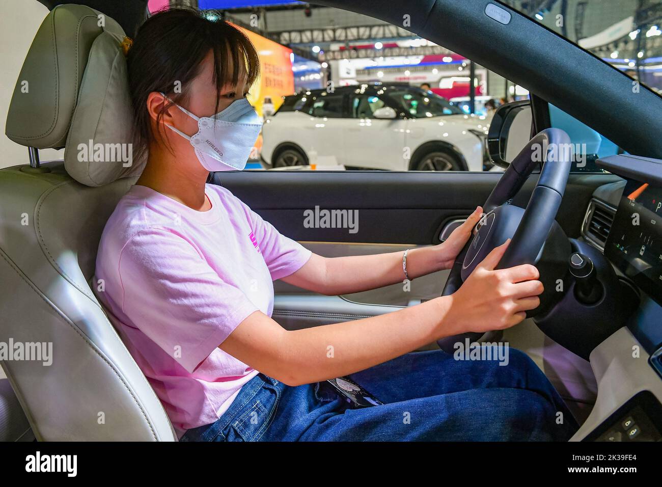 HEFEI, CHINA - SEPTEMBER 21, 2022 - Visitors visit Li ONE new energy cars at the Energy Saving and New Energy Vehicle exhibition of the World Manufact Stock Photo