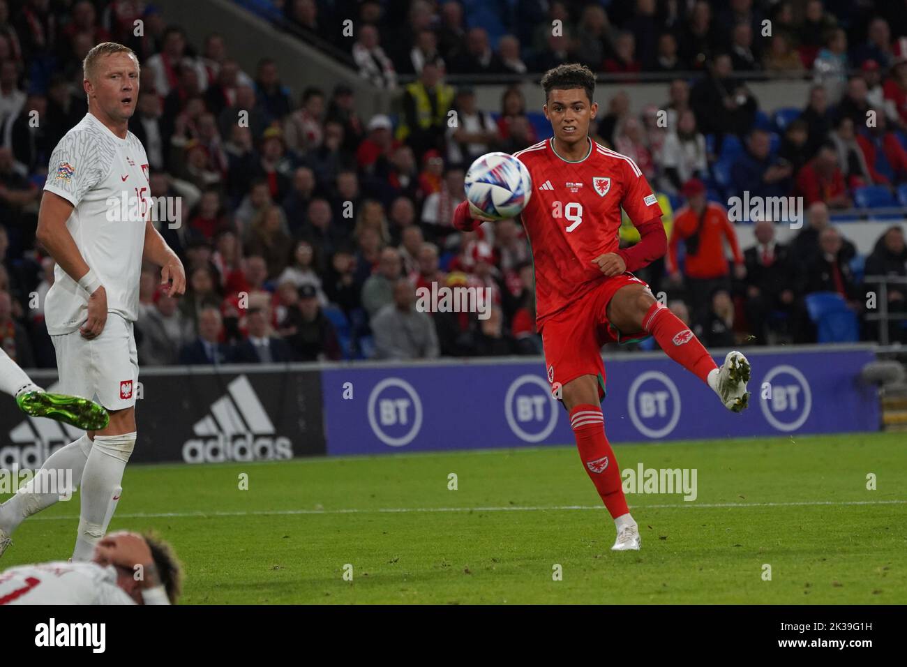 Cardiff, Wales, UK. 25th September, 2022. Welsh forward Brennan Johnson in action during the UEFA Nations league group A4 match  Wales v Poland at Cardiff City Stadium, Wales. Credit: Penallta Photographics/Alamy Live News Stock Photo