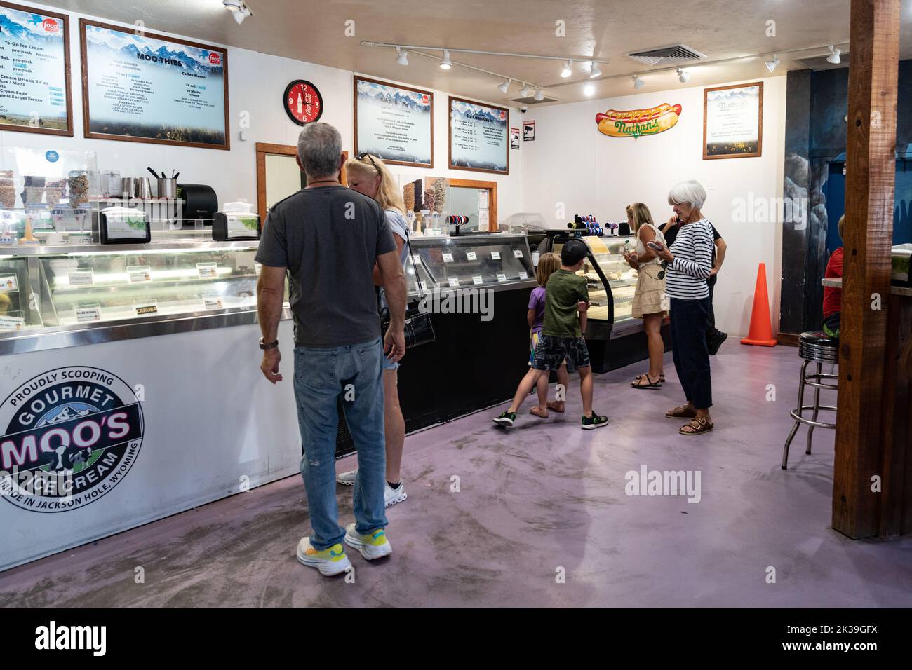 Jackson, Wyoming - July 20, 2022: Customers inside the Gourmet Moo's Ice Cream shop in downtown Jackson Stock Photo