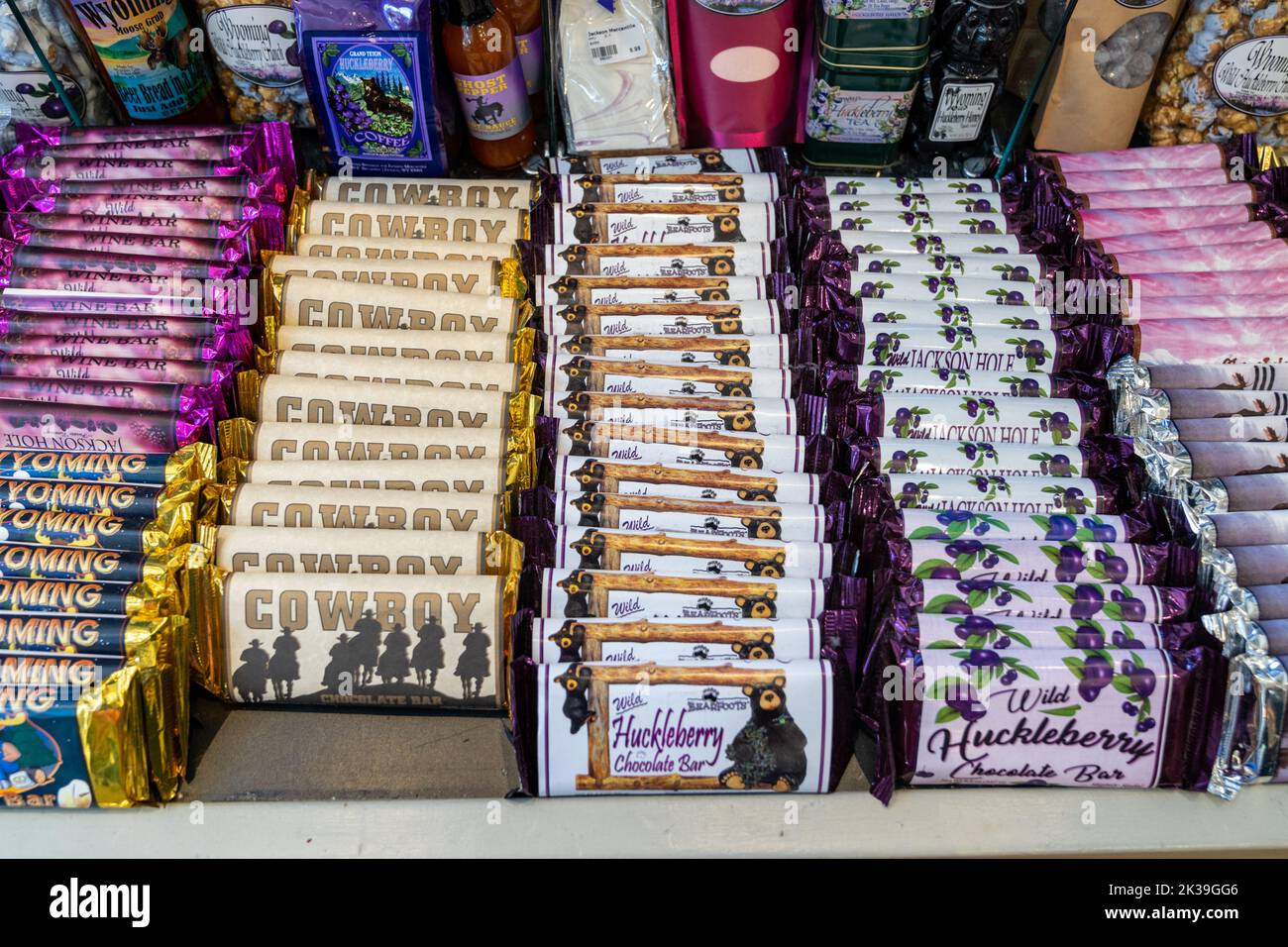 Jackson, Wyoming July 20, 2022 Various huckleberry candy and chocolate bars for sale in a