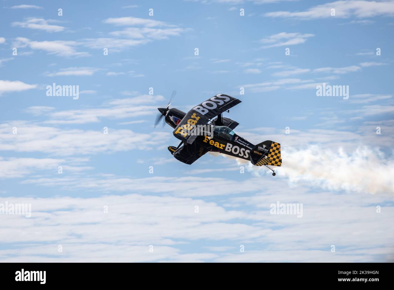 Jon Melby, piloting his Pitts S-1B Muscle Bi-Plane, performs aerobatics during the 2022 Marine Corps Air Station Miramar Air Show at MCAS Miramar, San Diego, California, Sept. 24, 2022. Melby has been performing at air shows since 2001. The theme for the 2022 MCAS Miramar Air Show, “Marines Fight, Evolve and Win,” reflects the Marine Corps’ ongoing modernization efforts to prepare for future conflicts. (U.S. Marine Corps photo by Cpl. Brienna Tuck) Stock Photo