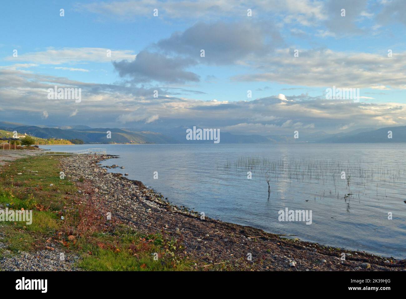 Coast of Trihonida lake, Greece's largest lake in Aetolia-Acarnania. Stock Photo