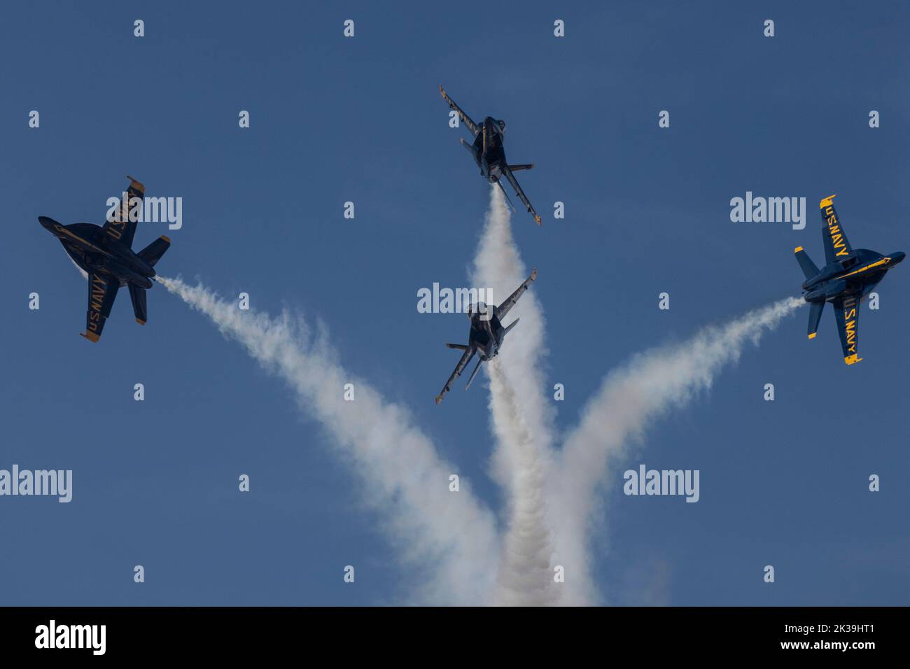 The U.S. Navy Blue Angels perform aerial maneuvers during the 2022