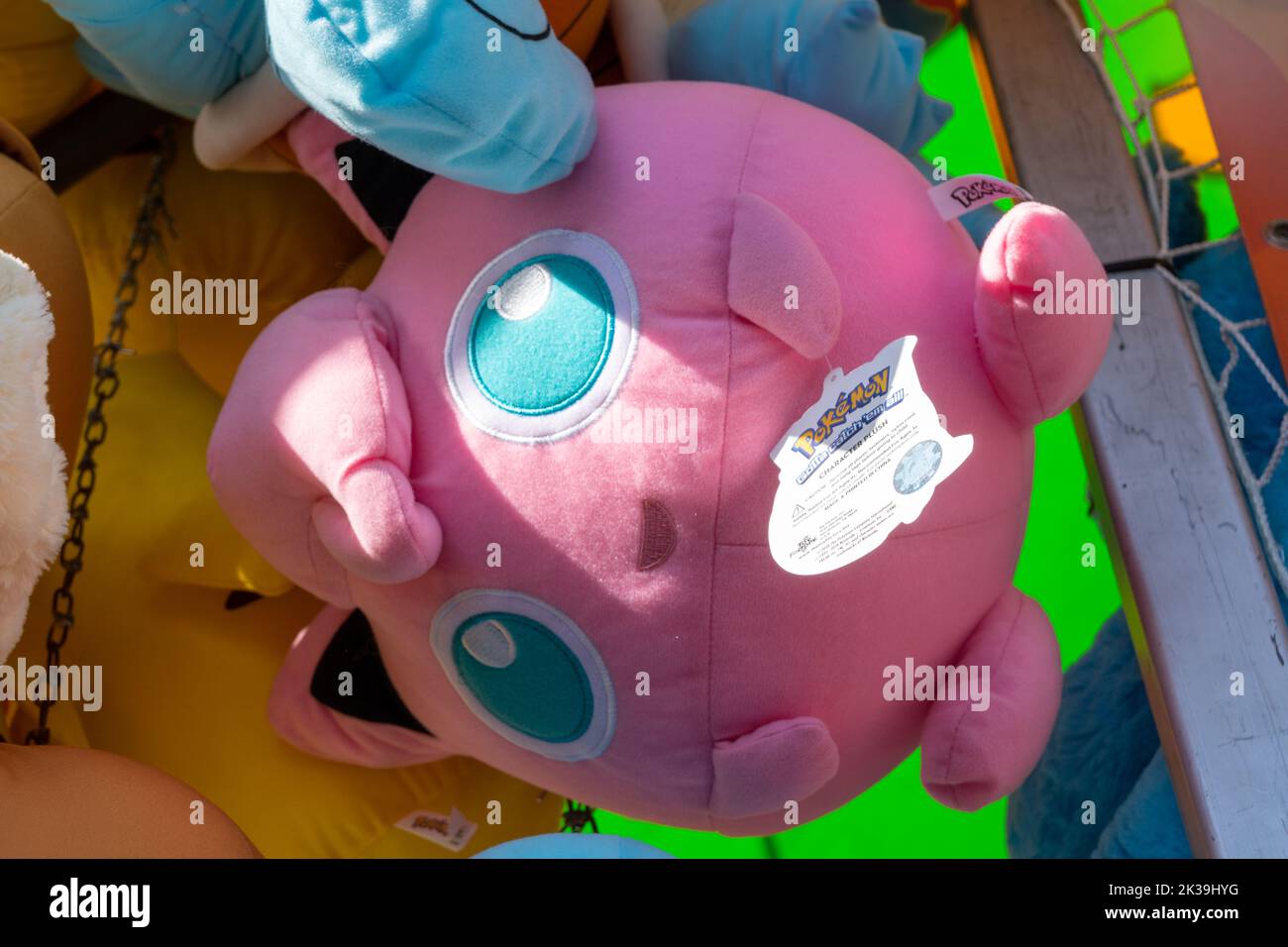 Calgary, Alberta, Canada - July 16, 2022: A Jigglypuff pokemon stuffed plush toy offered as a prize for winning a carnival game Stock Photo