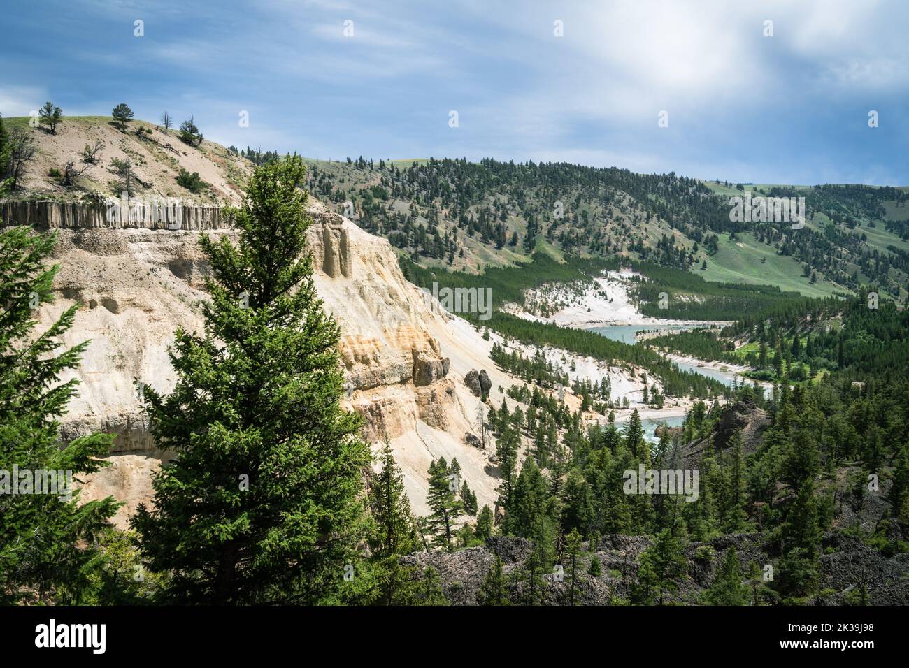 Interesting scenery near the Calcite Springs overlook, of the basalt columns and rock formations along the Yellowstone River in Yellowstone National P Stock Photo