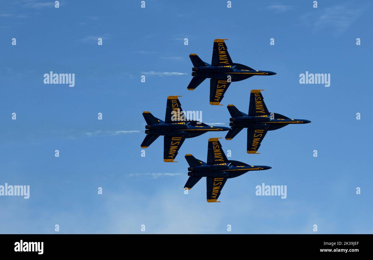 The U.S. Navy Blue Angels perform aerial maneuvers during the 2022 Marine Corps Air Station Miramar Air Show at MCAS Miramar, San Diego, California, Sept. 24, 2022. The Blue Angels, formed in 1946, perform precision flight demonstrations in more than 70 shows at 34 locations throughout the United States each year. The theme for the 2022 MCAS Miramar Air Show, “Marines Fight, Evolve and Win,” reflects the Marine Corps’ ongoing modernization efforts to prepare for future conflicts. (U.S. Marine Corps photo by Cpl. Angela Wilcox) Stock Photo