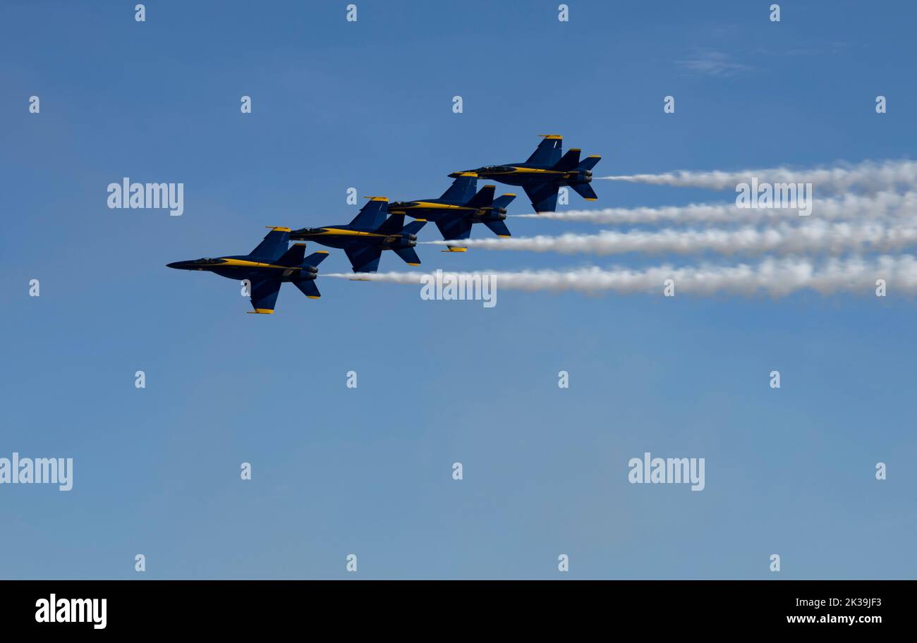 The U.S. Navy Blue Angels perform aerial maneuvers during the 2022 Marine Corps Air Station Miramar Air Show at MCAS Miramar, San Diego, California, Sept. 24, 2022. The Blue Angels, formed in 1946, perform precision flight demonstrations in more than 70 shows at 34 locations throughout the United States each year. The theme for the 2022 MCAS Miramar Air Show, “Marines Fight, Evolve and Win,” reflects the Marine Corps’ ongoing modernization efforts to prepare for future conflicts. (U.S. Marine Corps photo by Cpl. Angela Wilcox) Stock Photo