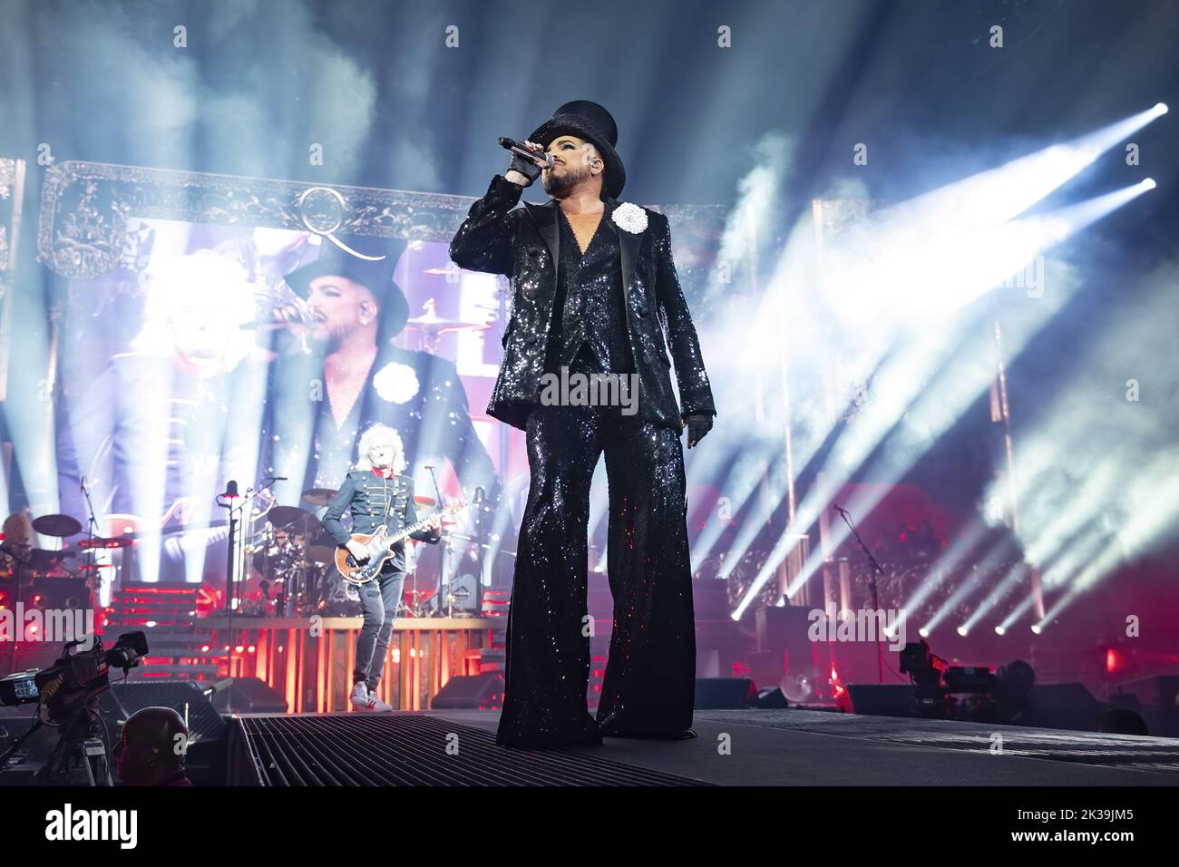 Perform London LONDON, ENGLAND: Queen and Adam Lambert perform on stage at The O2 ...