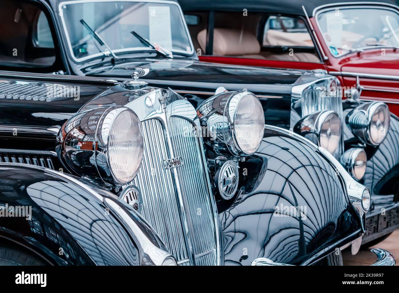 21 July 2022, Dusseldorf, Germany: Close-up of a retro ca by Auto Union company, model Horch. Headlights and part of the hood. Stock Photo