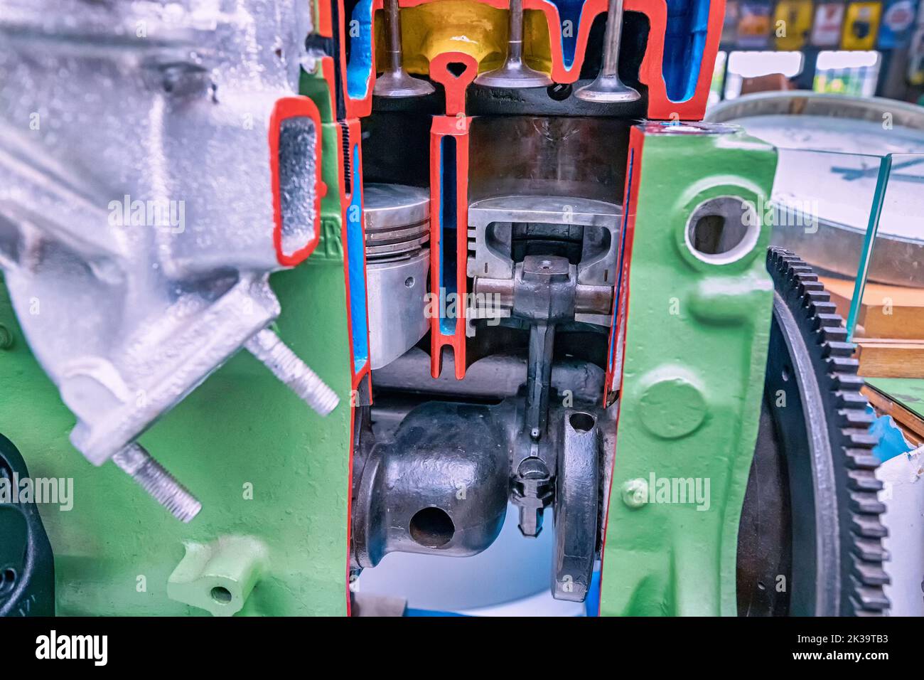The internal combustion engine of the car in the section. Cylinders and