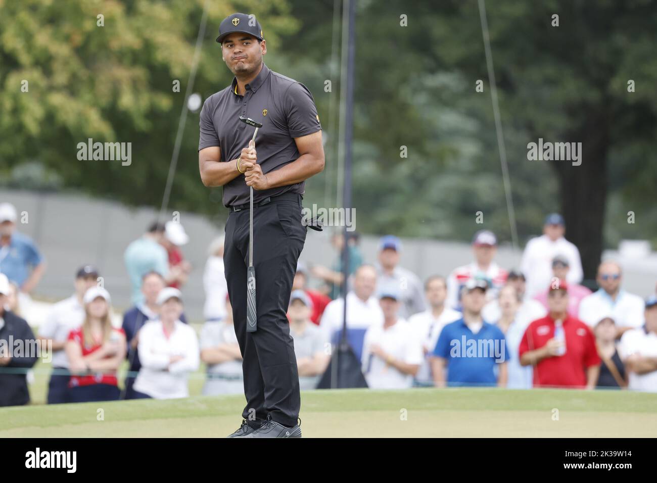 Charlotte, United States. 25th Sep, 2022. Sebastian Munoz, of Colombia, reacts to a missed putt on the fourth hole in the President's Cup golf championship in Charlotte, North Carolina on Sunday, September 25, 2022. Photo by Nell Redmond/UPI Credit: UPI/Alamy Live News Stock Photo