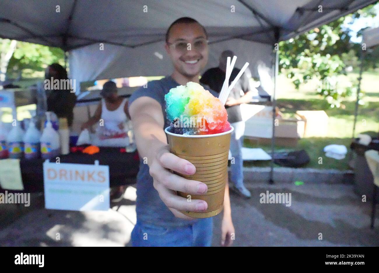 St. Louis, United States. 25th June, 2022. Chico Weber presents a freshly made Rainbow Vodka Slushy, during the Tower Grove Pride in St. Louis on Sunday, September 25, 2022. The festival includes drag and musical performances, hundreds of booths, and local food companies. Photo by Bill Greenblatt/UPI Credit: UPI/Alamy Live News Stock Photo