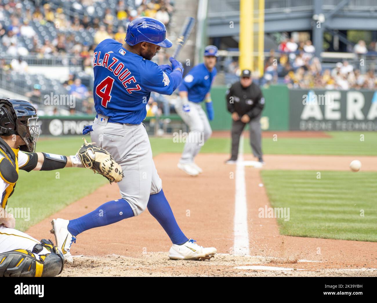 Pittsburgh, United States. 25th Sep, 2022. Chicago Cubs center fielder Nelson Velazquez (4) single in a two runs on a fielding error during the seventh inning of the 8-3 Cubs win against the Pittsburgh Pirates at PNC Park on Sunday September 25, 2022 in Pittsburgh. Photo by Archie Carpenter/UPI Credit: UPI/Alamy Live News Stock Photo