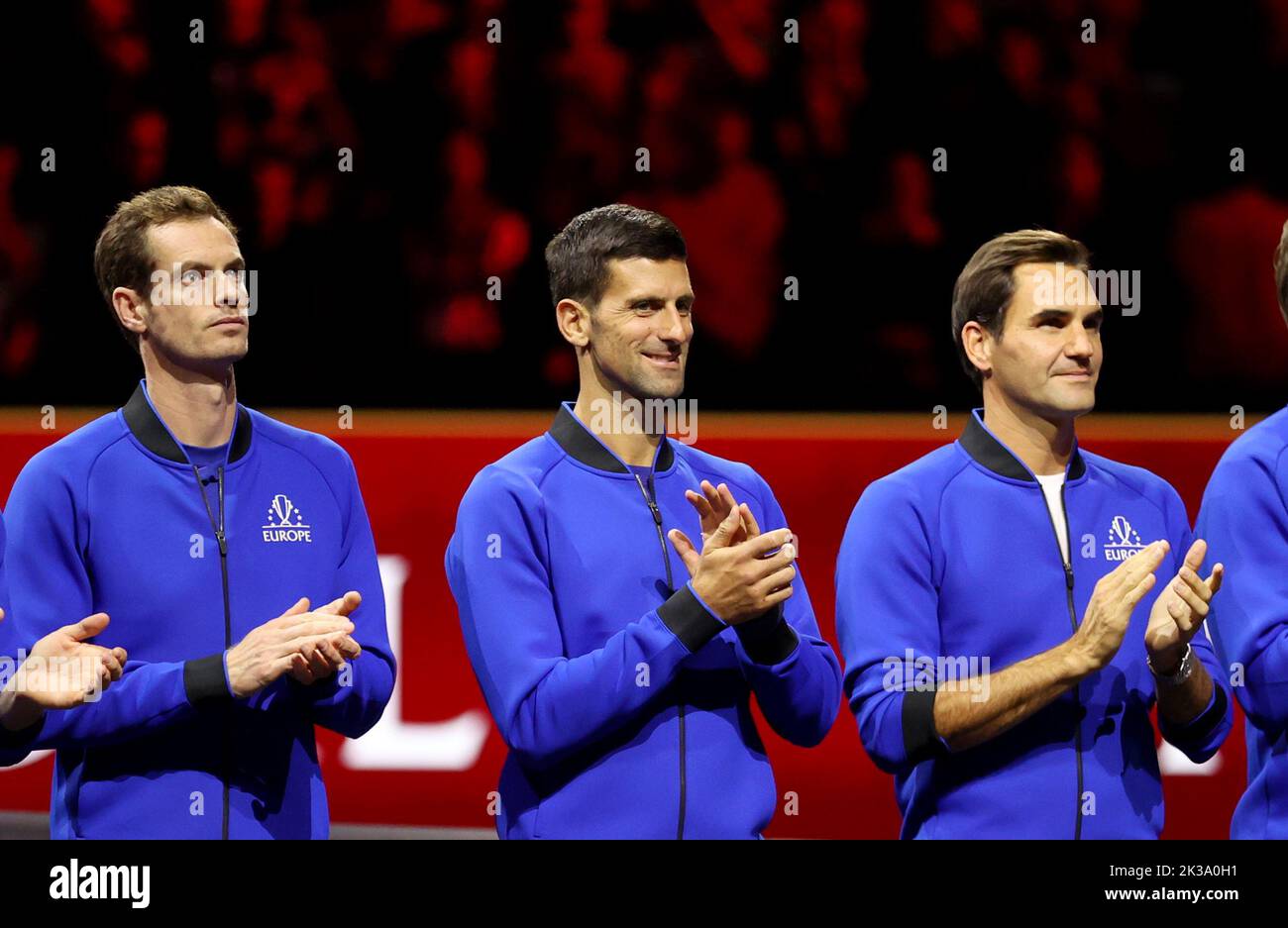 London, Britain. 26th Sep, 2022. Team Europe's British player Andy Murray (L), Serbian player Novak Djokovic (C) and Swiss player Roger Federer attend the trophy ceremony after the Laver Cup tennis tournament between Team World and Team Europe in London, Britain, on Sept. 26, 2022. Credit: Li Ying/Xinhua/Alamy Live News Stock Photo