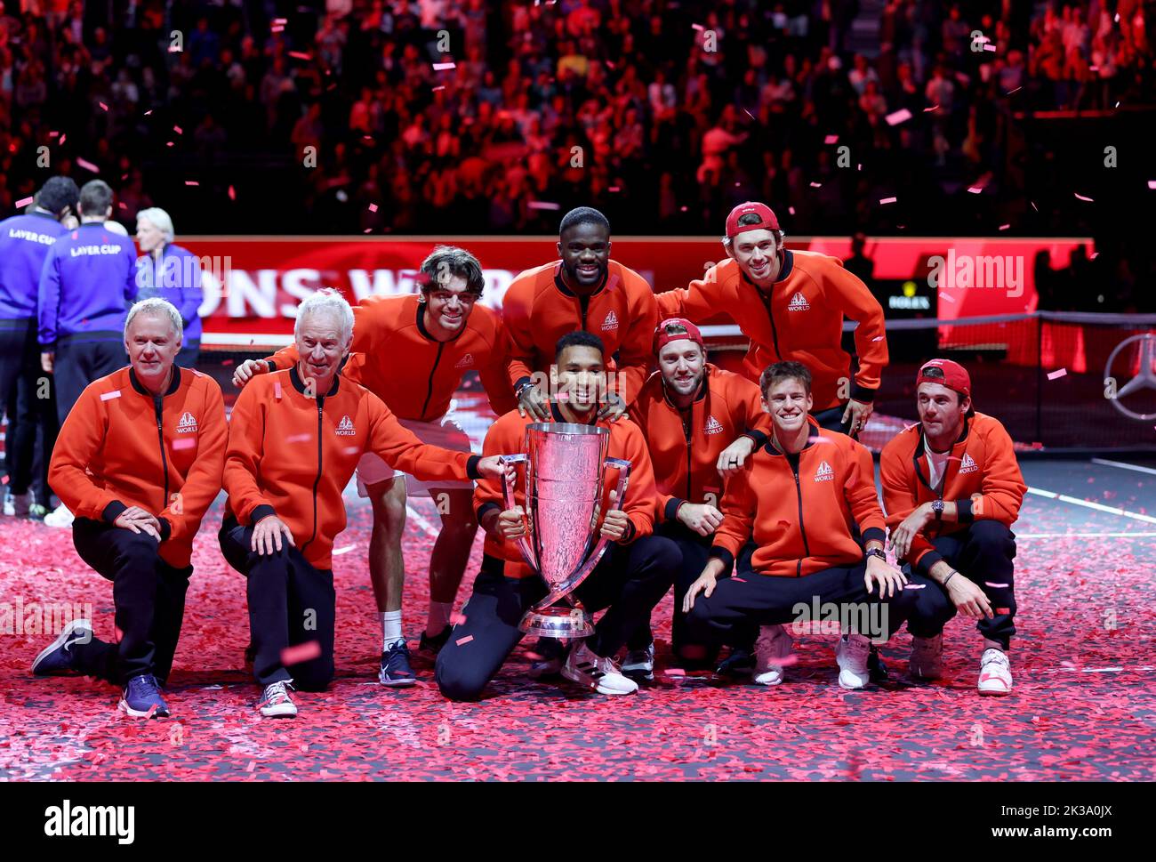 London, Britain. 26th Sep, 2022. Team World pose with the trophy after winning the Laver Cup tennis tournament between Team World and Team Europe in London, Britain, on Sept. 26, 2022. Credit: Li Ying/Xinhua/Alamy Live News Stock Photo