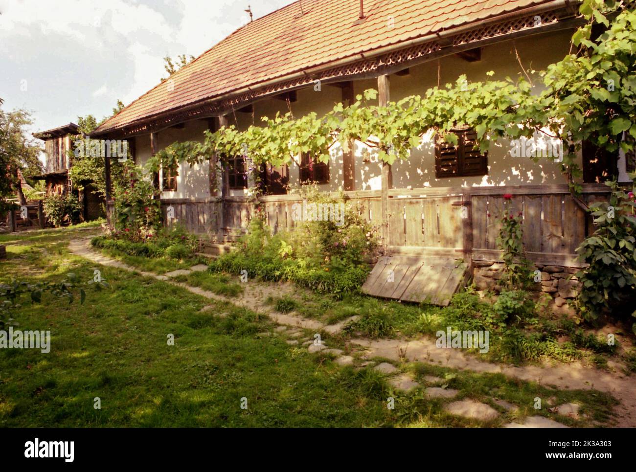 Poșaga, Alba County, Romania, approx. 1999. Old traditional house with wrap-around sculpted wooden porch and climbing grapevine. Stock Photo