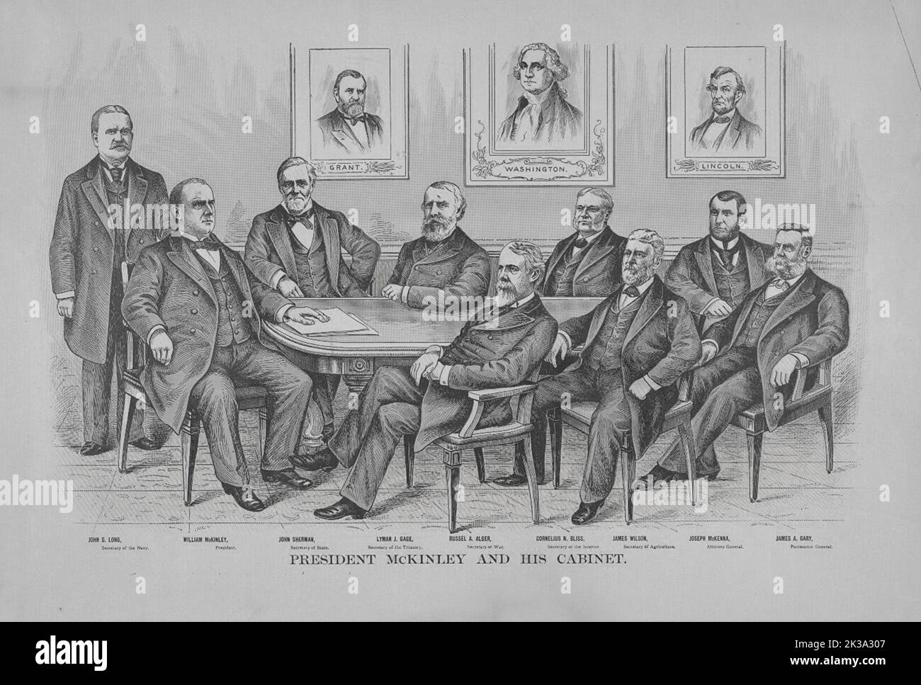 President McKinley and His Cabinet, which was comprised of John Long, John Sherman, Lyman Gage, Russel Alger, Cornelius Bliss, James Wilson, Joseph KcKenna and James Gary Stock Photo