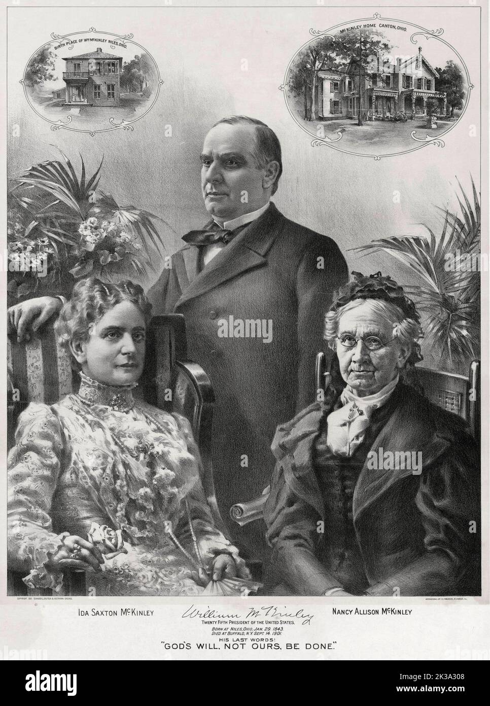 An engraving of US president William McKinley ,his wife Ida and his mother Nancy McKinley Stock Photo