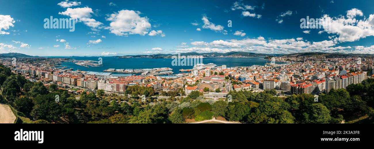 High perspective panorama of Vigo, Spain on a sunny day Stock Photo