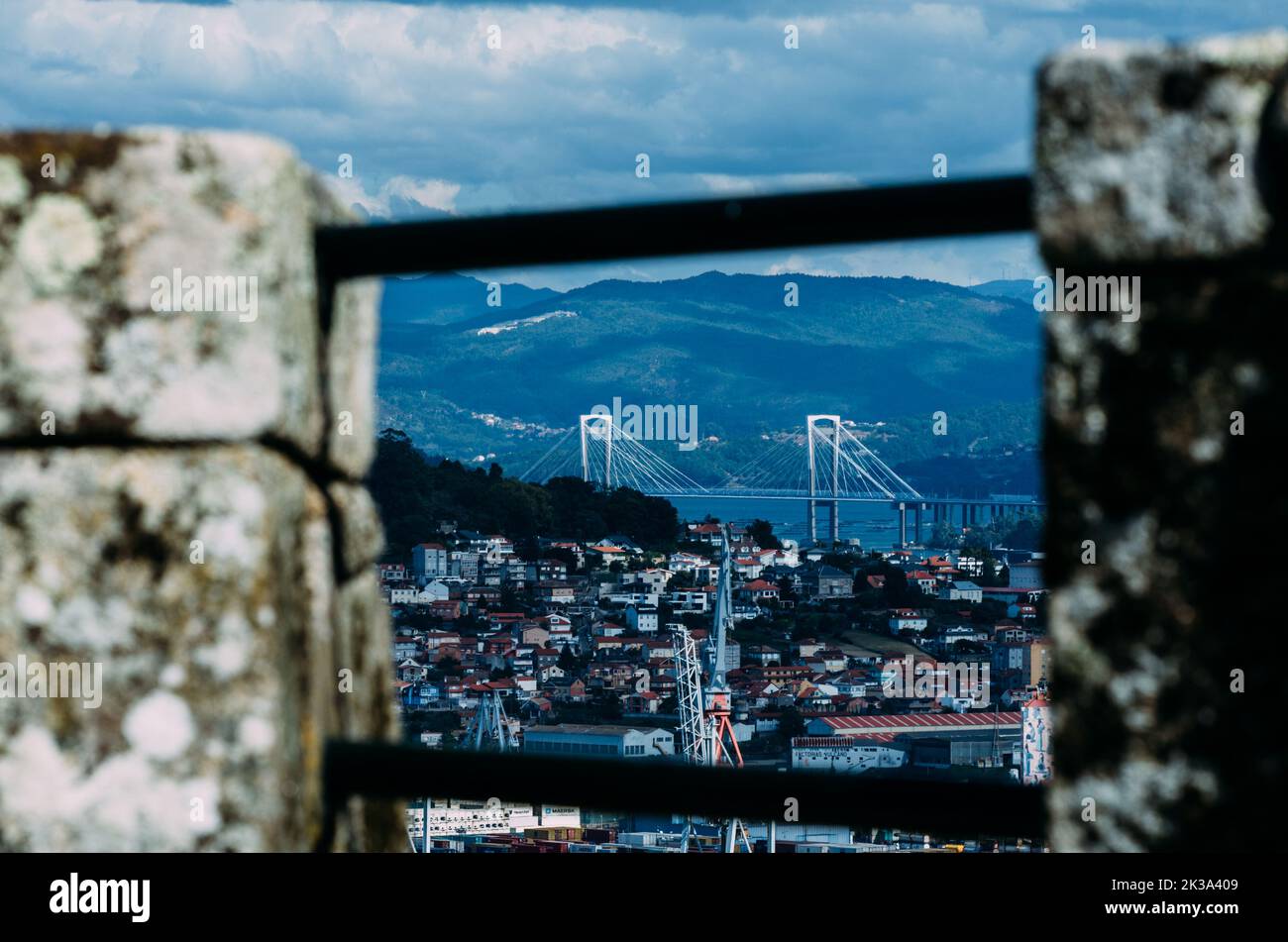 Rande bridge in the Vigo estuary, Galicia, Spain juxtaposition with rocky structure Stock Photo