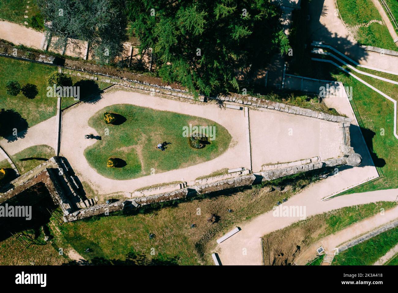 Drone aerial top down view of tourists at Monte do Castro park in Vigo, Spain Stock Photo