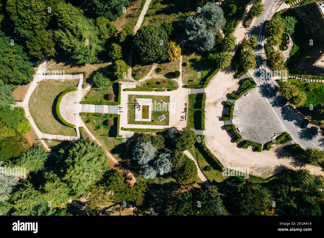 Drone aerial top down view of tourists at Monte do Castro park in Vigo, Spain Stock Photo