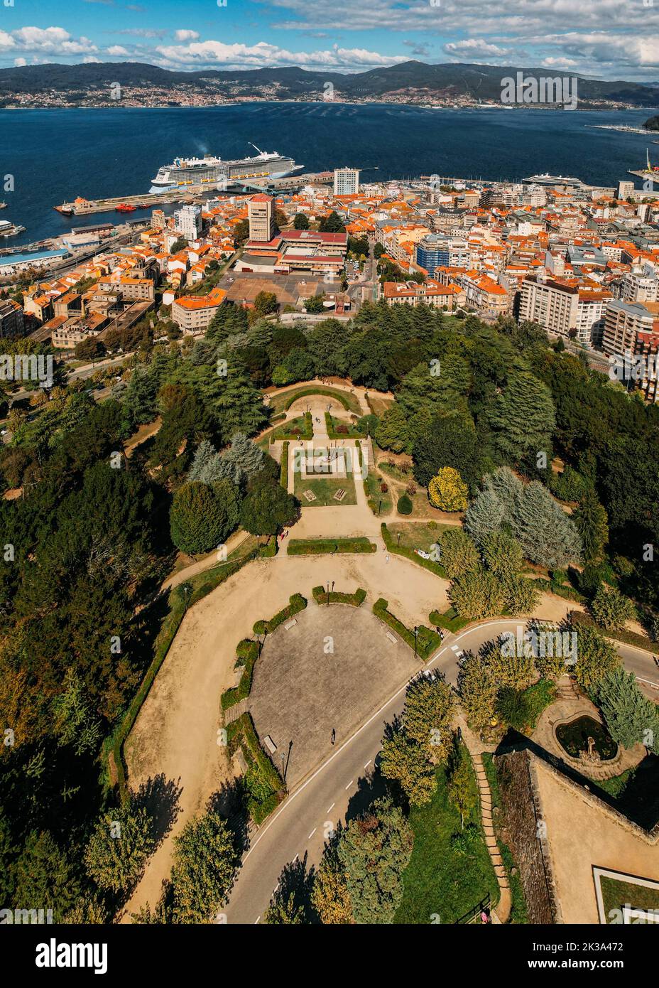 Drone aerial top down view of Monte do Castro park in Vigo, Spain overlooking the bay Stock Photo