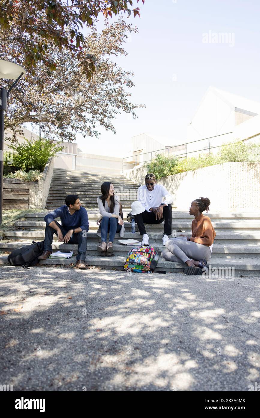 College students talking on campus steps Stock Photo - Alamy