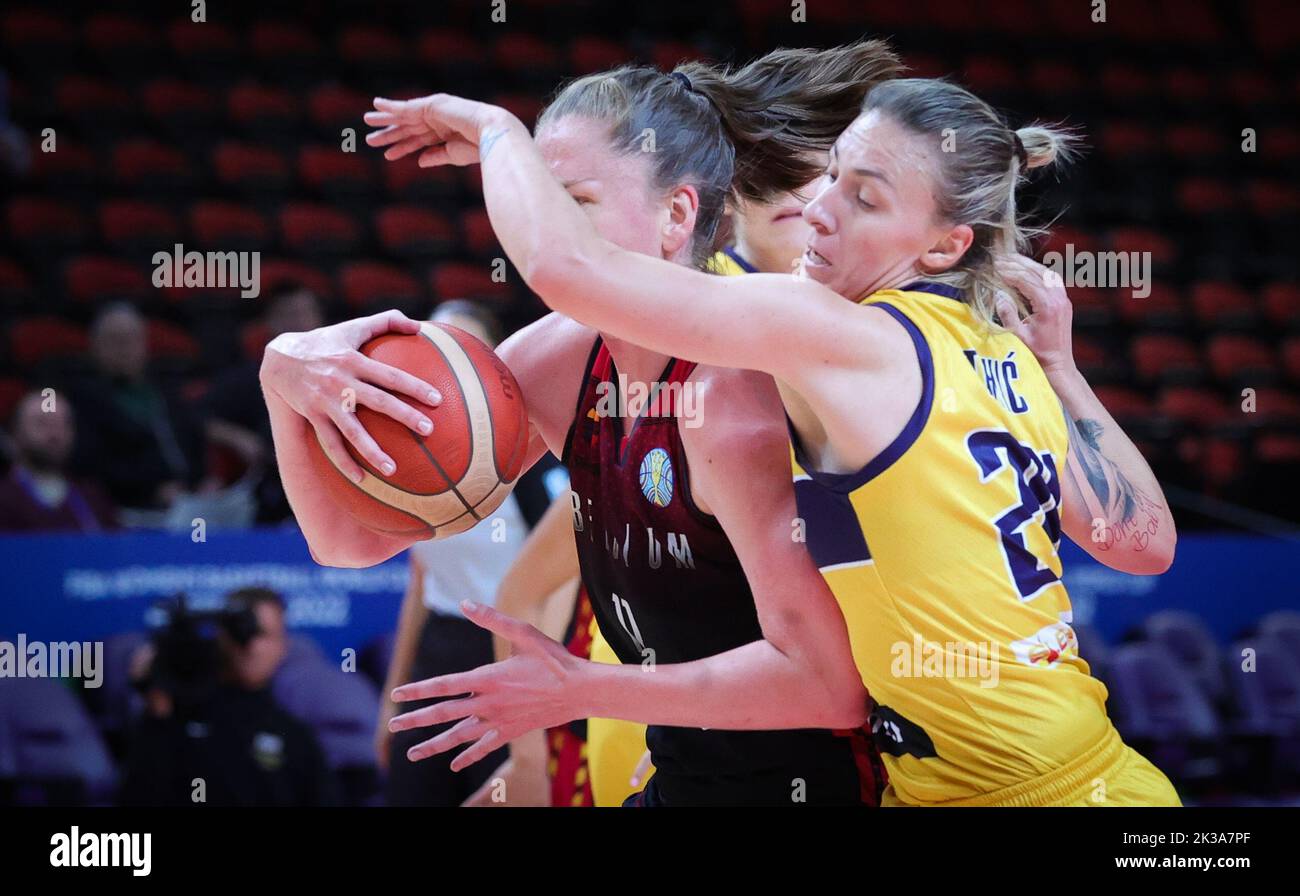 Belgium's Emma Meesseman and Bosnia's Matea Tavic fight for the ball during a basketball game between Belgium's national team the Belgian Cats and Bosnia and Herzegovina, Monday 26 September 2022 in Sydney, Australia, match 4/5 in Group A at the FIBA Women's Basketball World Cup. The 19th edition of the FIBA Women's Basketball World Cup 2022 takes place from 22 September to 01 October in Sydney, Australia. BELGA PHOTO VIRGINIE LEFOUR Stock Photo