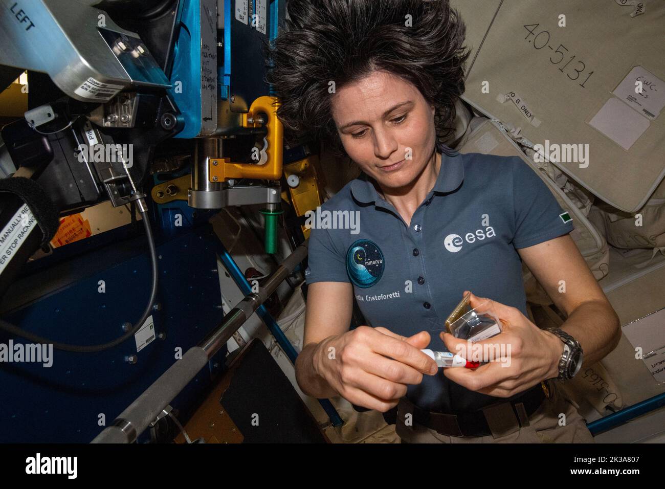 ISS - 08 September 2022 - Expedition 67 Flight Engineer Samantha Cristoforetti of ESA (European Space Agency) services microbe samples collected for a Stock Photo
