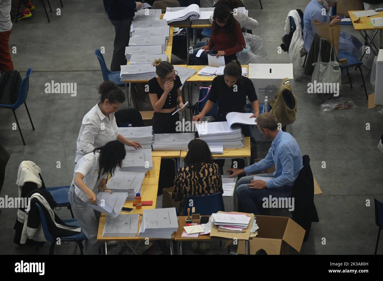 Rome, Italy. 25th Sep, 2022. Staff members count ballots voted by Italian citizens living abroad in Bologna, Italy, Sept. 25, 2022. Right-wing Brothers of Italy was the most voted party in the Italian elections held to renew the parliament on Sunday, exit polls showed. Credit: Gianni Schicchi/Xinhua/Alamy Live News Stock Photo