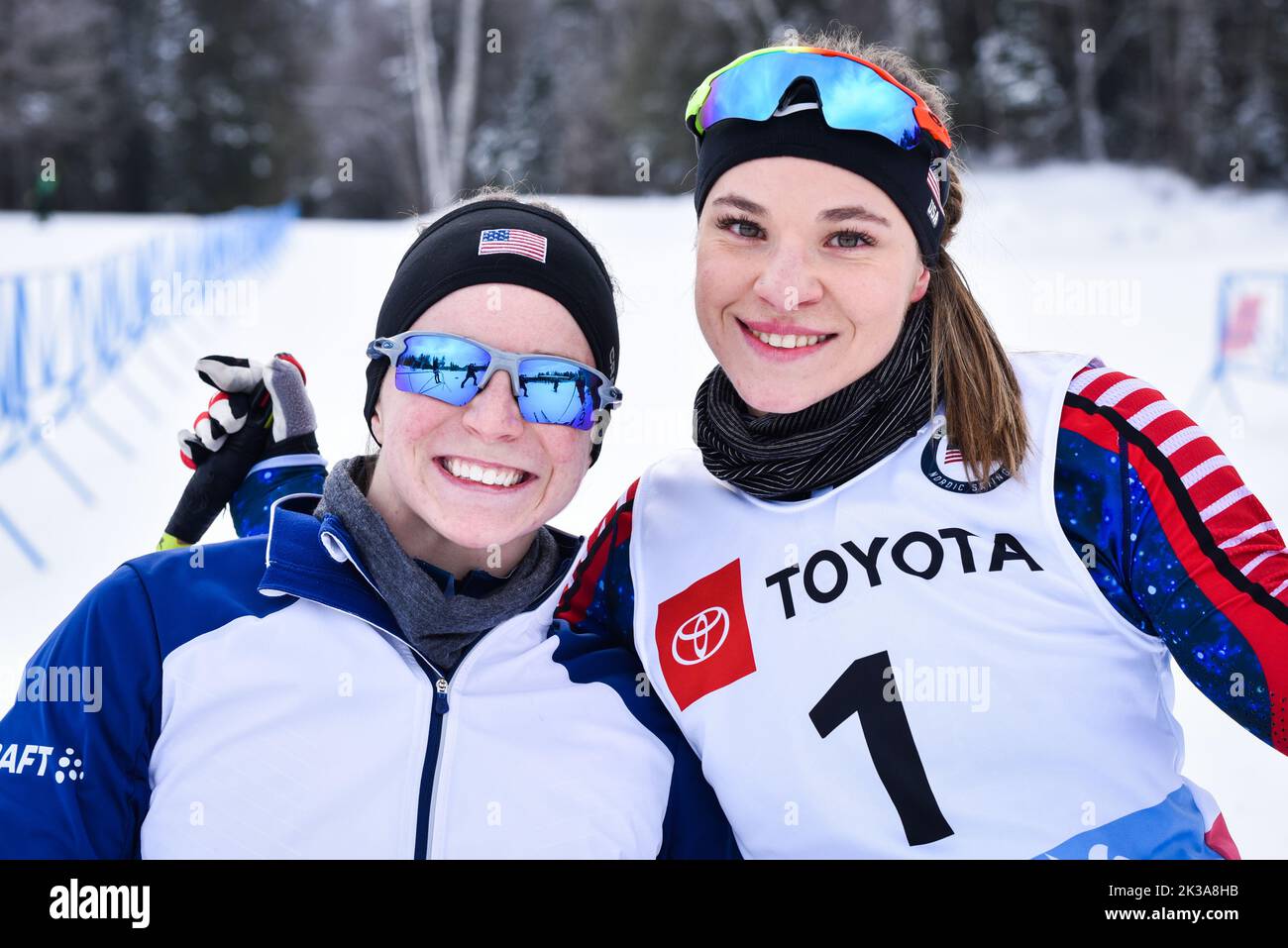 Athletes Kendall Gretsch, left, and Oksana Masters, 2019 U.S. Paralympic National Cross Country Ski Championships, Craftsbury Outdoor Center, VT, USA. Stock Photo
