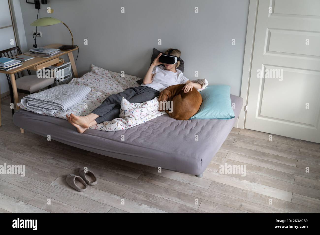 Lonely middle-aged woman wearing glasses and hugging vizsla dog plays VR games lying on unmade bed Stock Photo