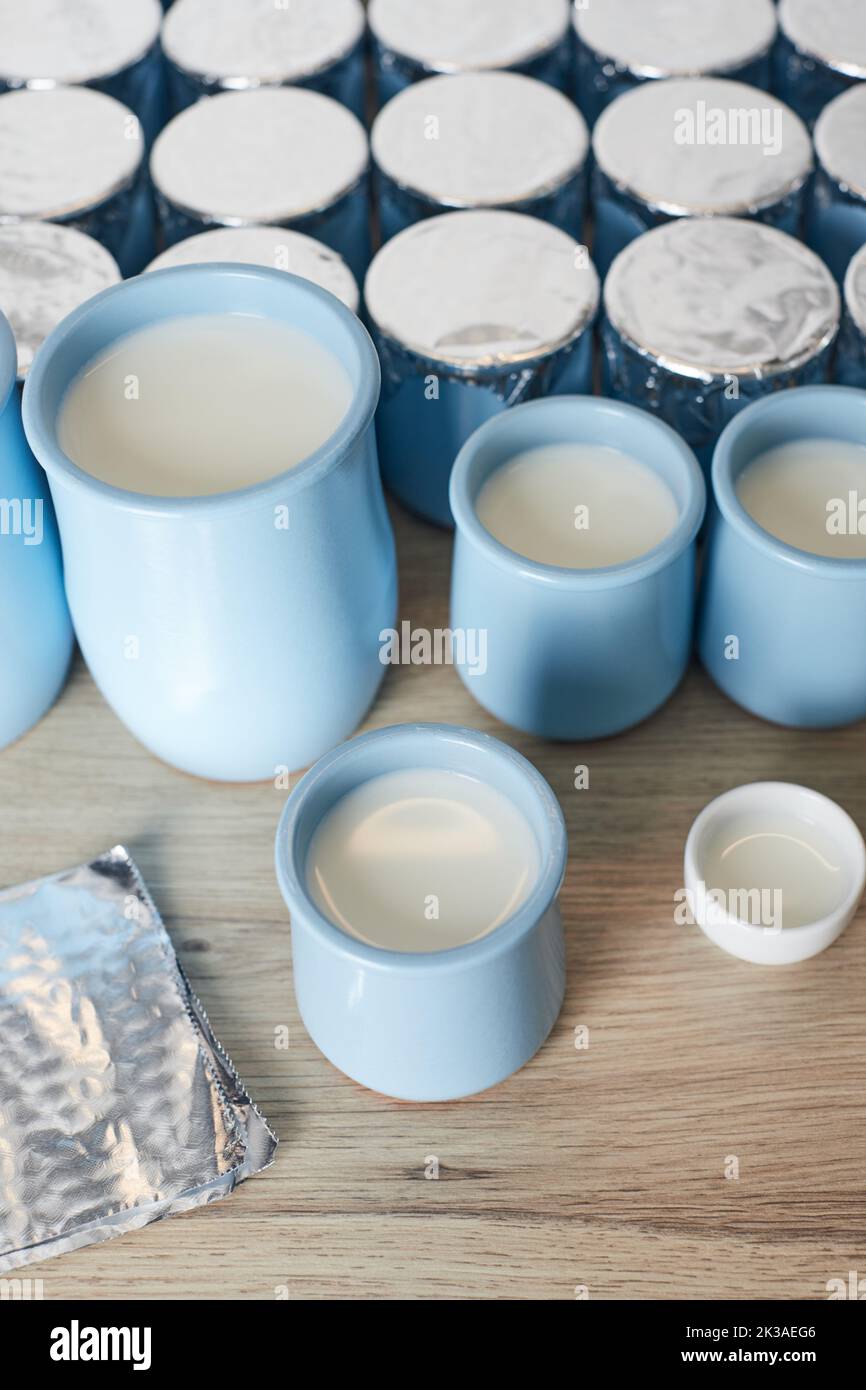 Jars of milk ready for ripening and turning into yogurt. The process of