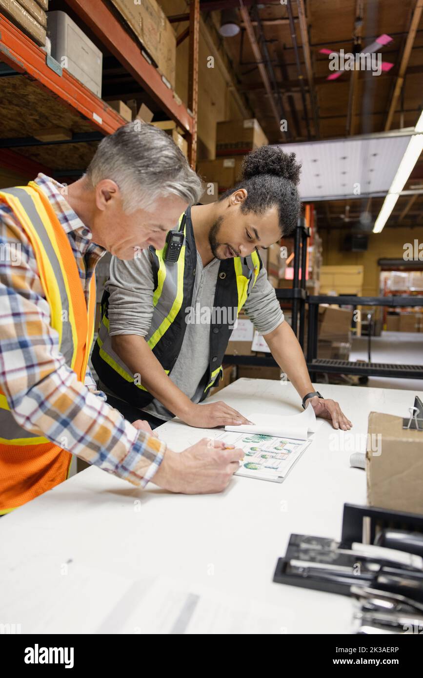 colleagues looking at product catalogue in distribution warehouse Stock