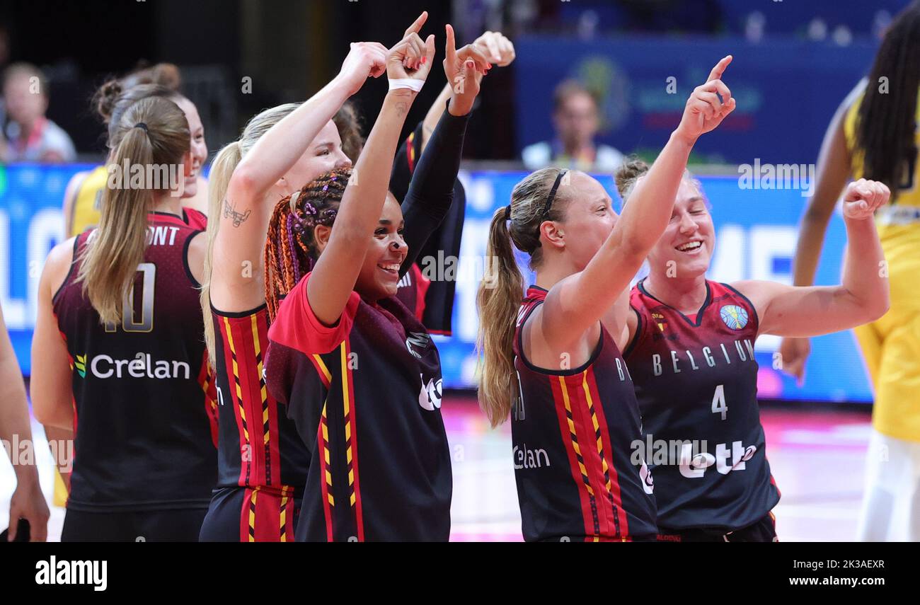 Belgium's Maxuella Lisowa Mbaka, Belgium's Julie Allemand and Belgium's Elise Ramette celebrate after winning a basketball game between Belgium's national team the Belgian Cats and Bosnia and Herzegovina, Monday 26 September 2022 in Sydney, Australia, match 4/5 in Group A at the FIBA Women's Basketball World Cup. The 19th edition of the FIBA Women's Basketball World Cup 2022 takes place from 22 September to 01 October in Sydney, Australia. BELGA PHOTO VIRGINIE LEFOUR Stock Photo